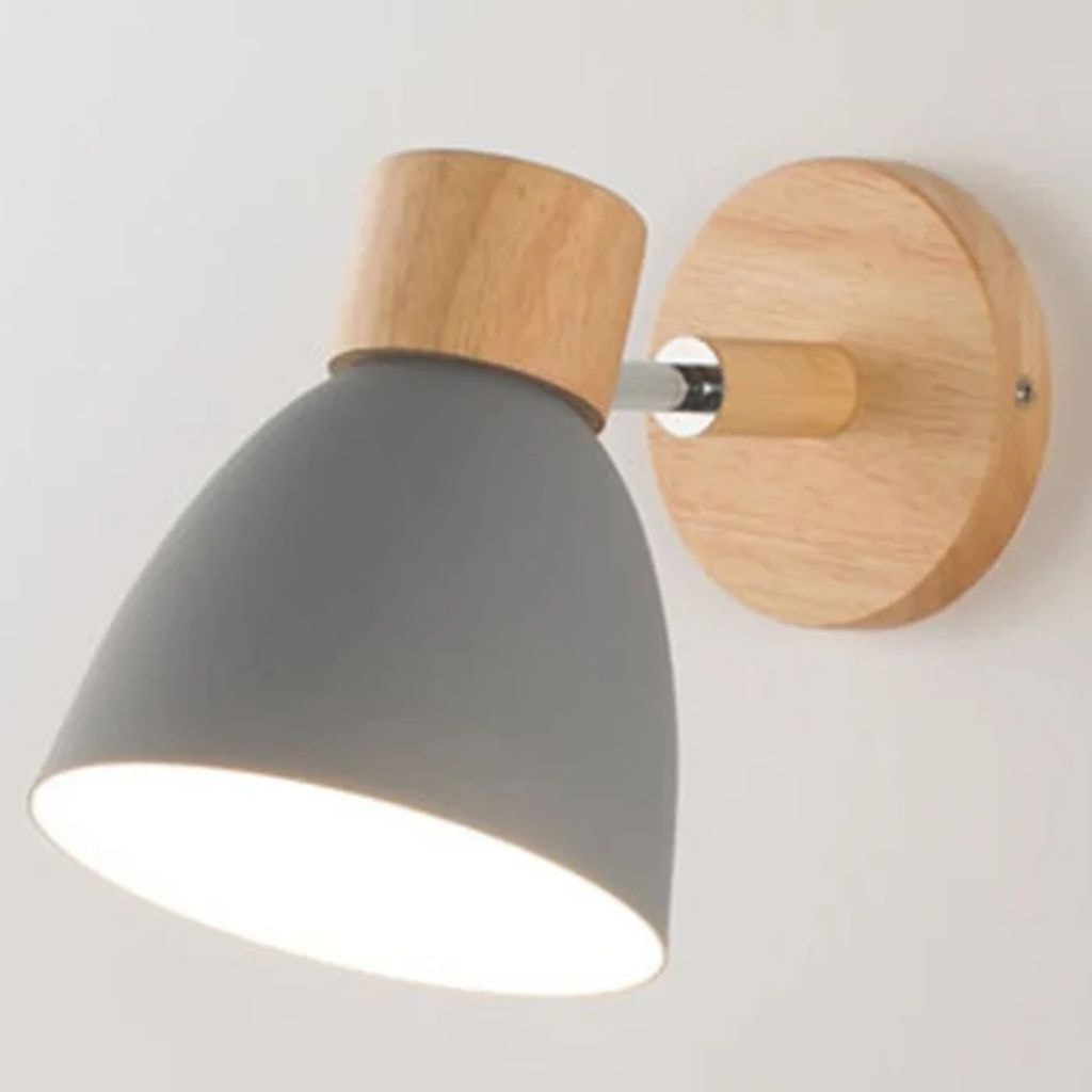 Scandinavian Wooden Wall Light with Angled Metal Bell Shade for Bedroom