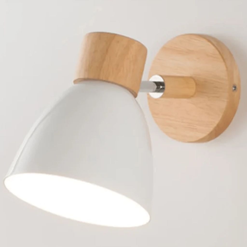 Scandinavian Wooden Wall Light with Angled Metal Bell Shade for Bedroom