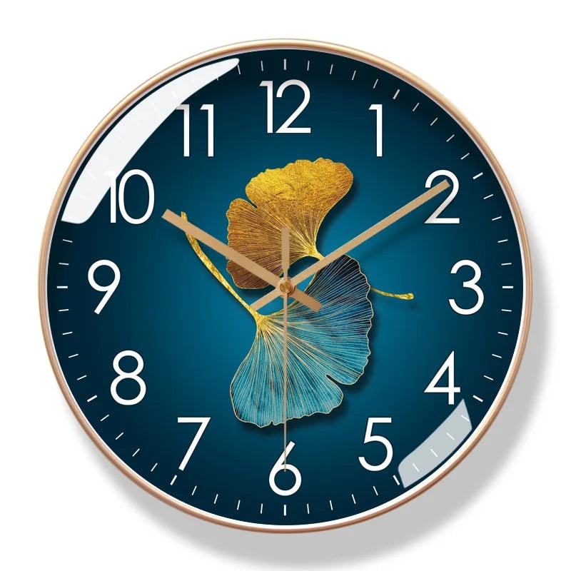 Silent Wall Clock with Ginkgo Leaf Design and Glass Cover for Living Room