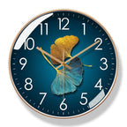 Silent Wall Clock with Ginkgo Leaf Design and Glass Cover for Living Room