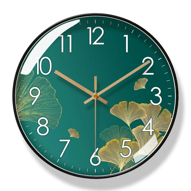 Silent Wall Clock with Ginkgo Leaf Design and Glass Cover for Living Room
