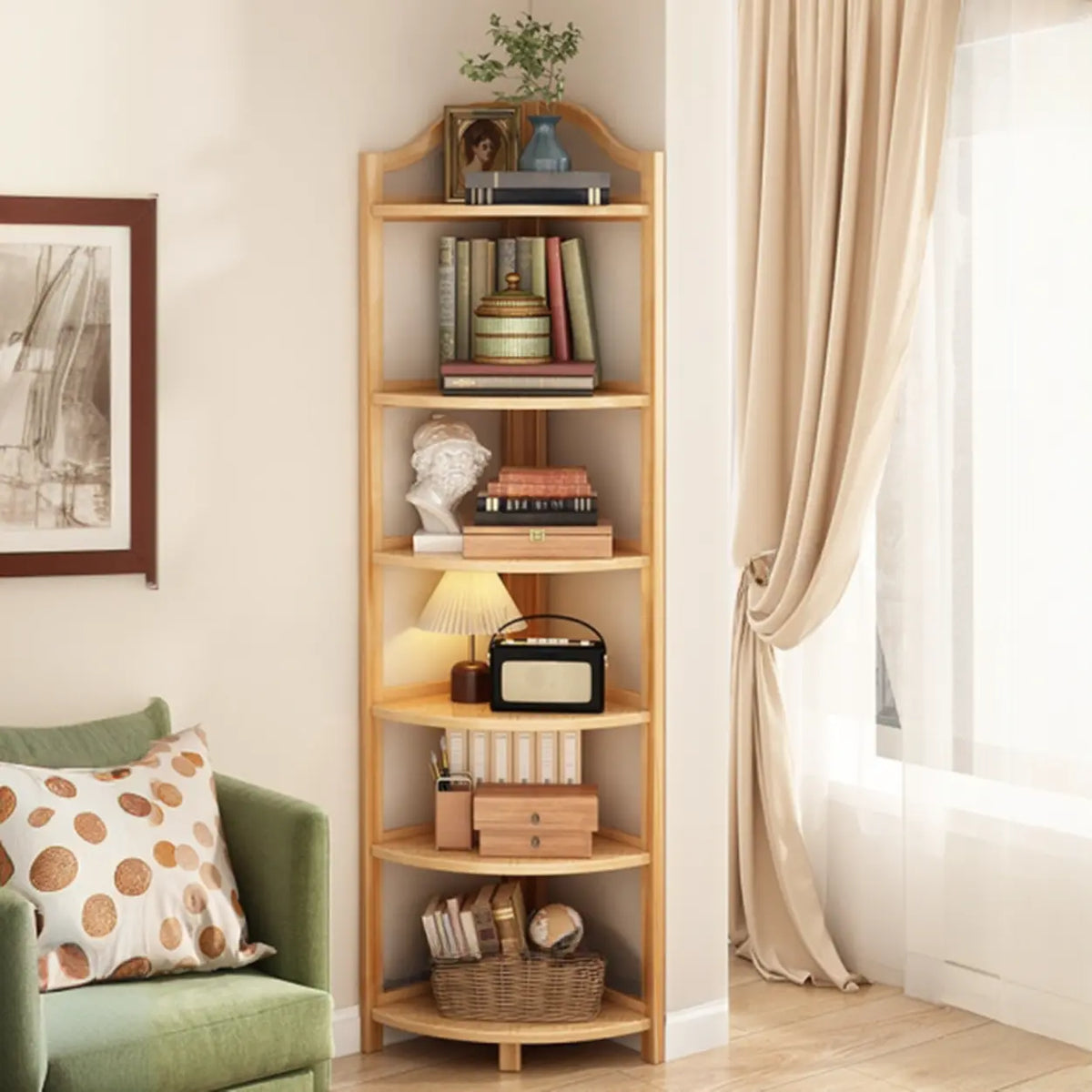 Bamboo Corner Shelf Freestanding Corner Bookshelf Tall Wooden Corner Display Stand with Arched Top for Living Room | Bedroom and Bathroom