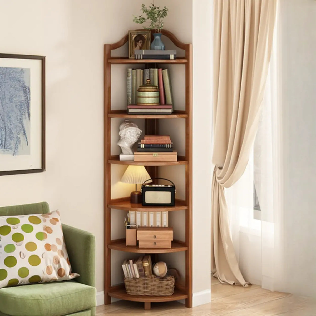 Bamboo Corner Shelf Freestanding Corner Bookshelf Tall Wooden Corner Display Stand with Arched Top for Living Room | Bedroom and Bathroom