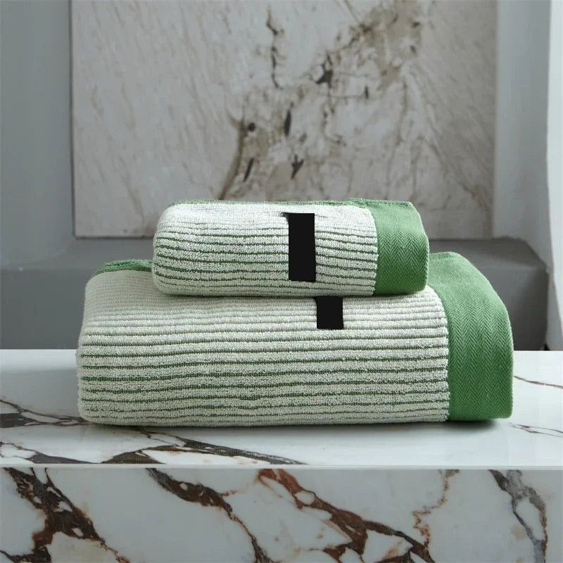 Soft Striped Cotton Bath Towel with Herringbone Border for Bathroom