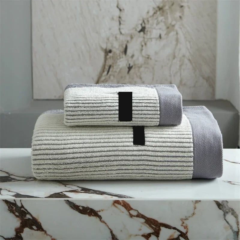 Soft Striped Cotton Bath Towel with Herringbone Border for Bathroom