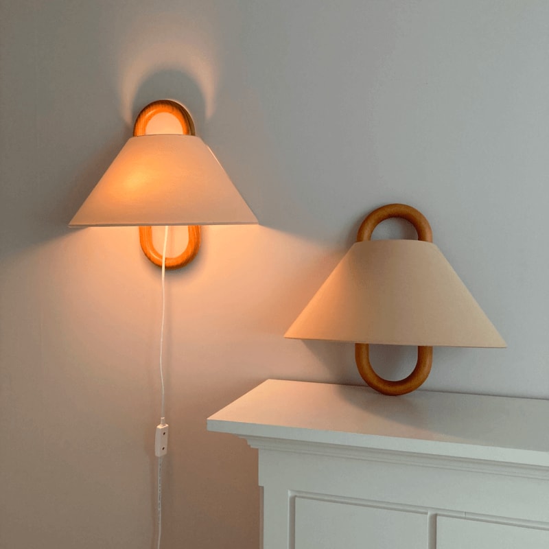 Solid Wood Ring Wall Light with Pleated or Flat Fabric Shade for Bedroom