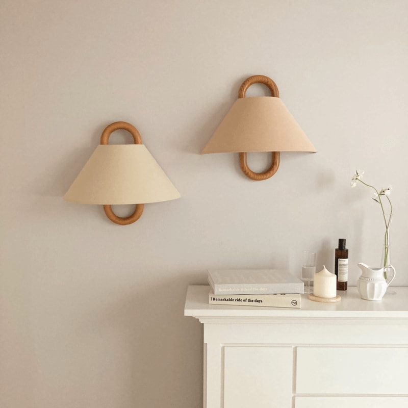 Solid Wood Ring Wall Light with Pleated or Flat Fabric Shade for Bedroom