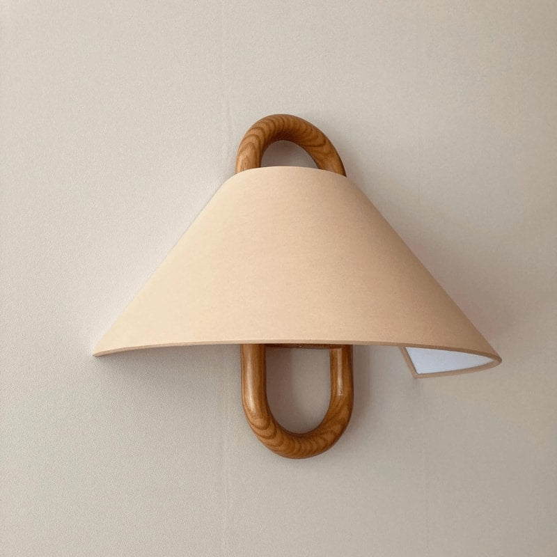 Solid Wood Ring Wall Light with Pleated or Flat Fabric Shade for Bedroom