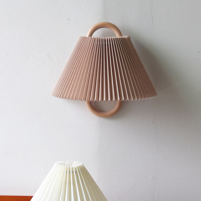 Solid Wood Ring Wall Light with Pleated or Flat Fabric Shade for Bedroom