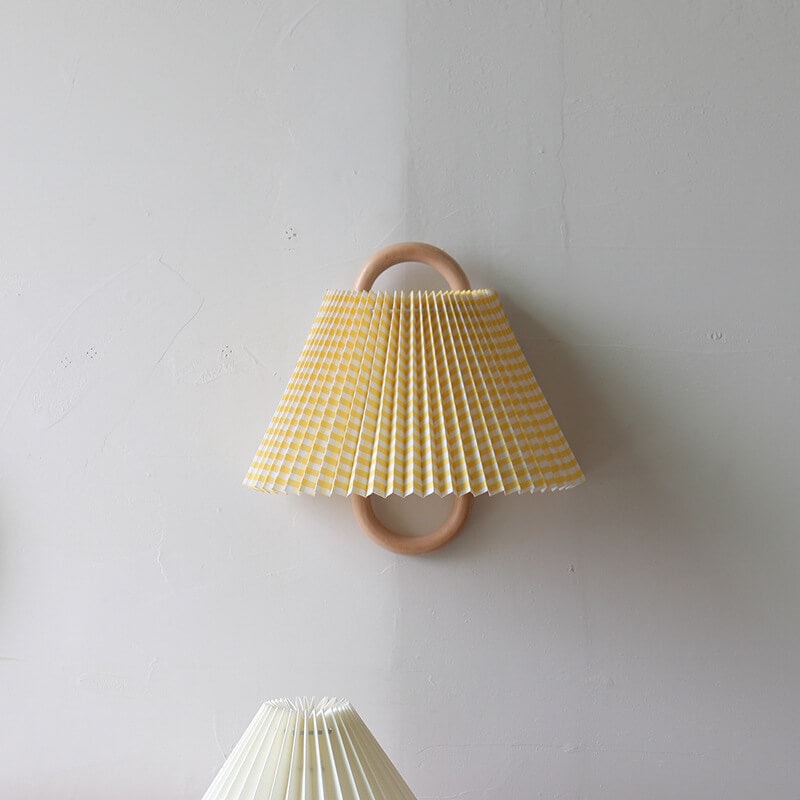Solid Wood Ring Wall Light with Pleated or Flat Fabric Shade for Bedroom