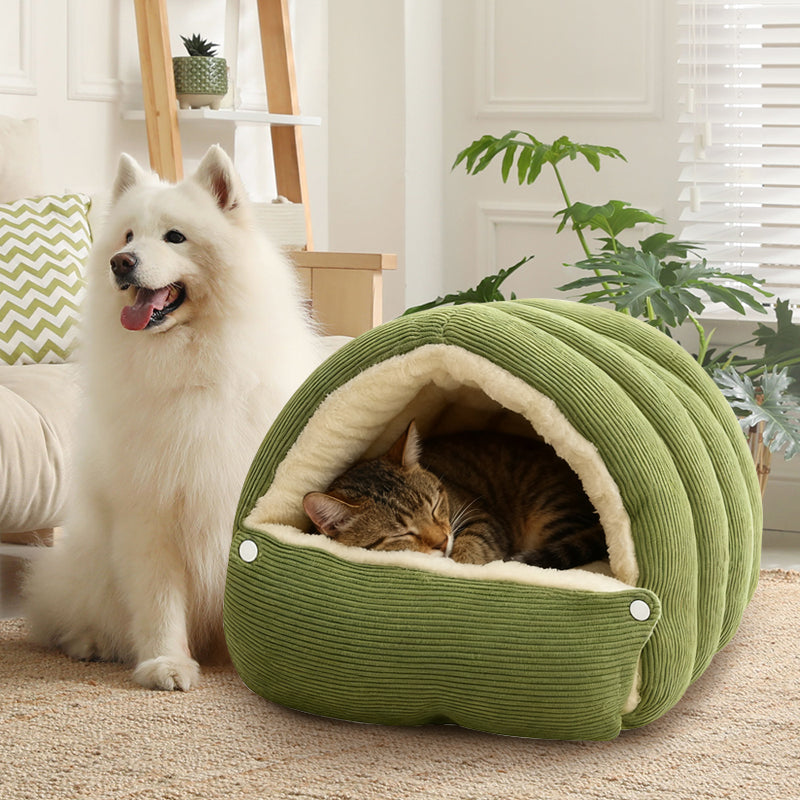 Plush Cat Cave Bed Semi Enclosed Corduroy Pet Bed with Adjustable Zip Opening Warm Hooded Cat House for Indoor Cats and Small Dogs