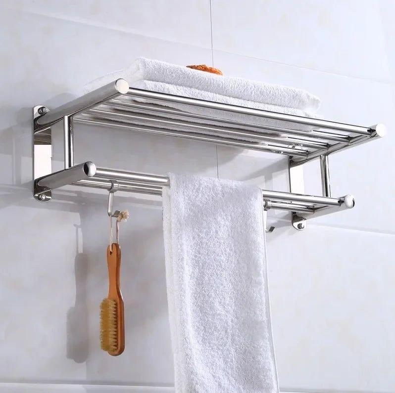 Stainless Steel Wall Mounted Towel Rack with Shelf and Hooks for Bathroom