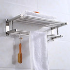 Stainless Steel Wall Mounted Towel Rack with Shelf and Hooks for Bathroom