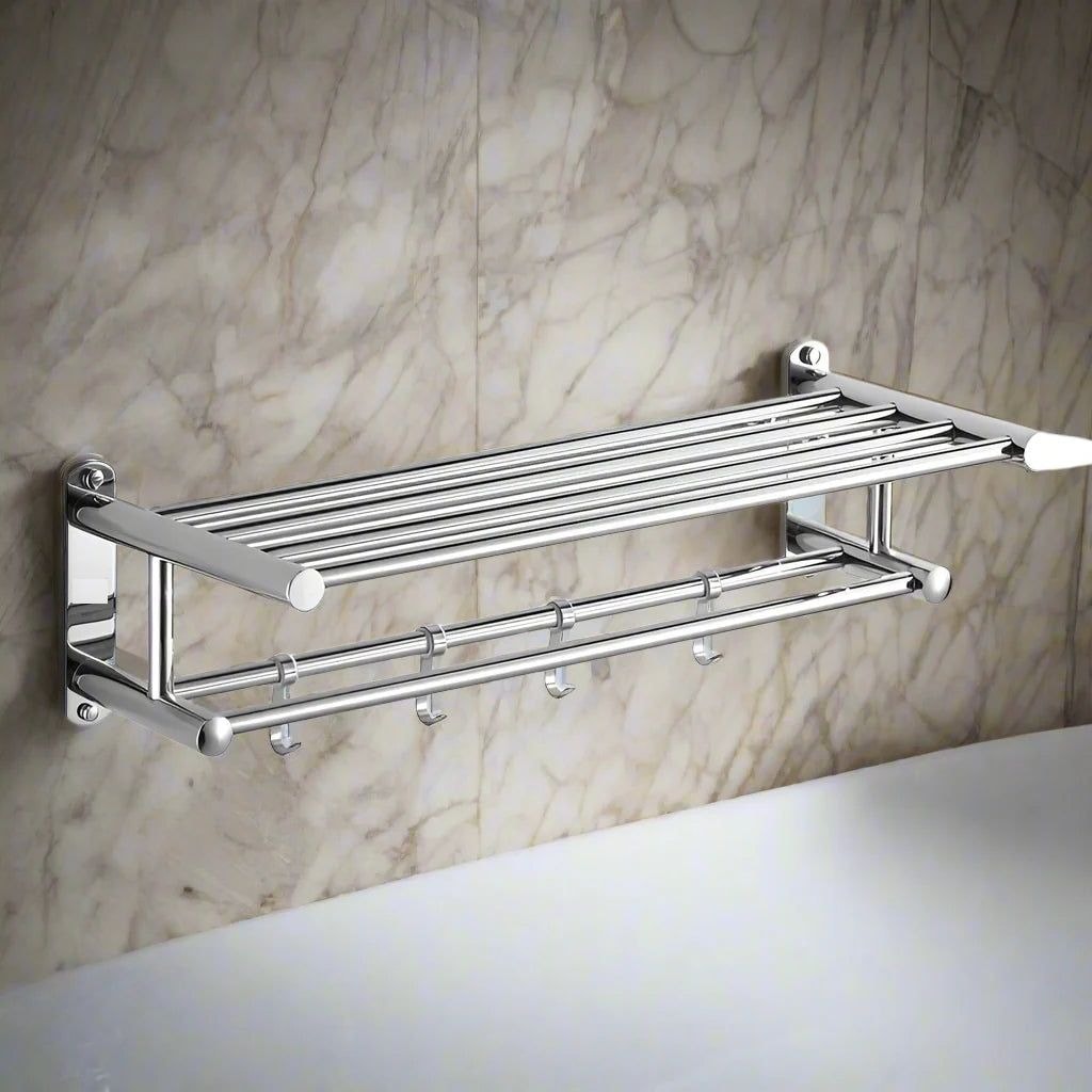 Stainless Steel Wall Mounted Towel Rack with Shelf and Hooks for Bathroom