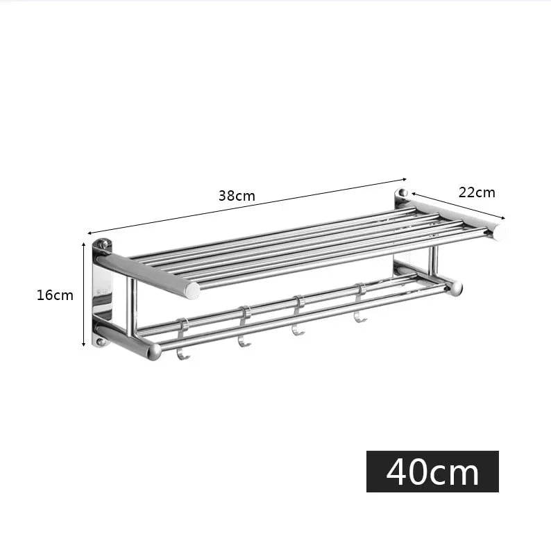 Stainless Steel Wall Mounted Towel Rack with Shelf and Hooks for Bathroom