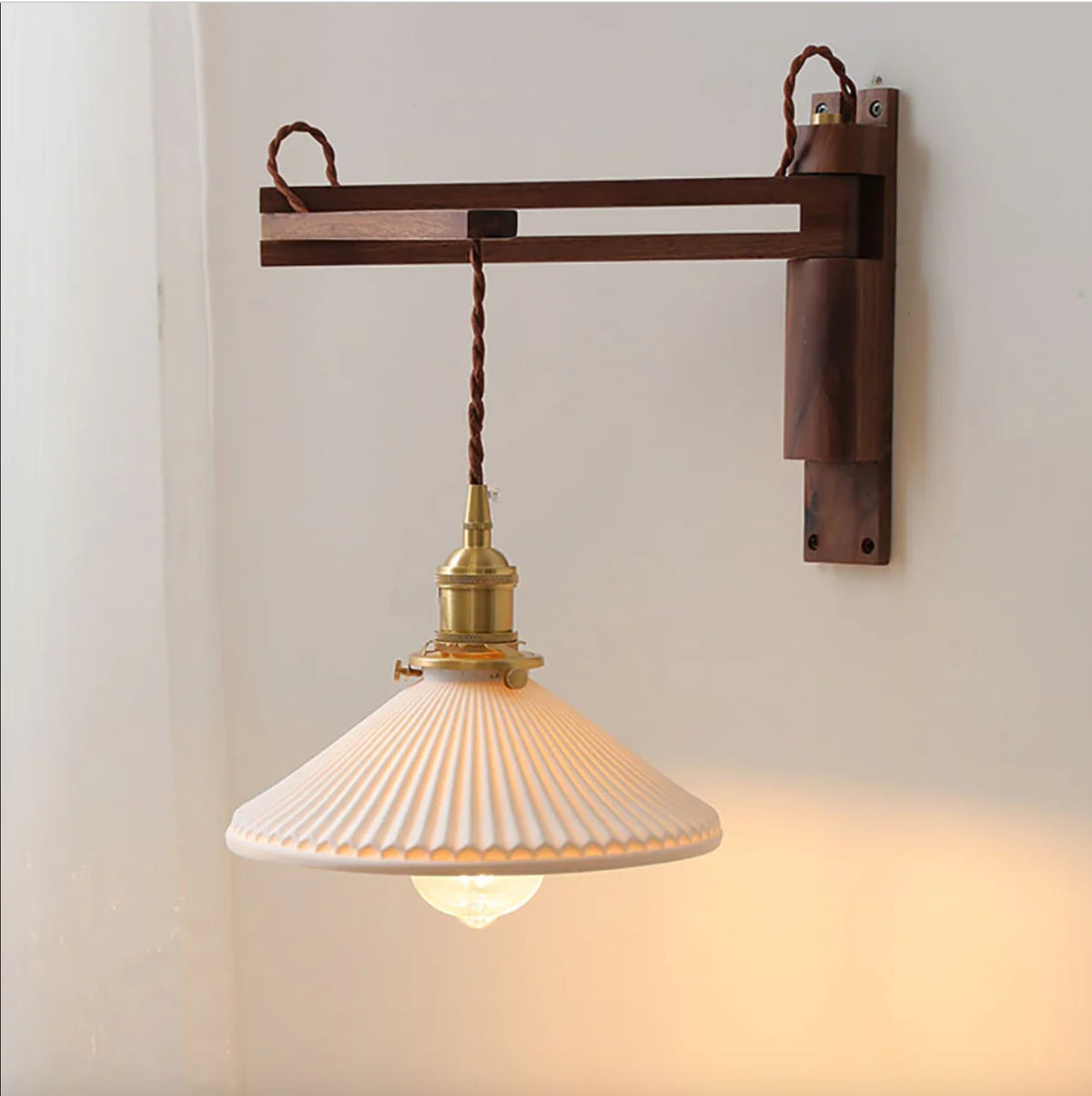 Swing Arm Wooden Wall Light with Pleated Ceramic Shade and Brass Holder