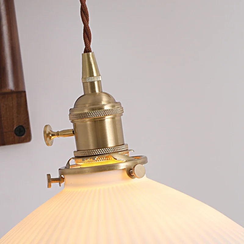 Swing Arm Wooden Wall Light with Pleated Ceramic Shade and Brass Holder