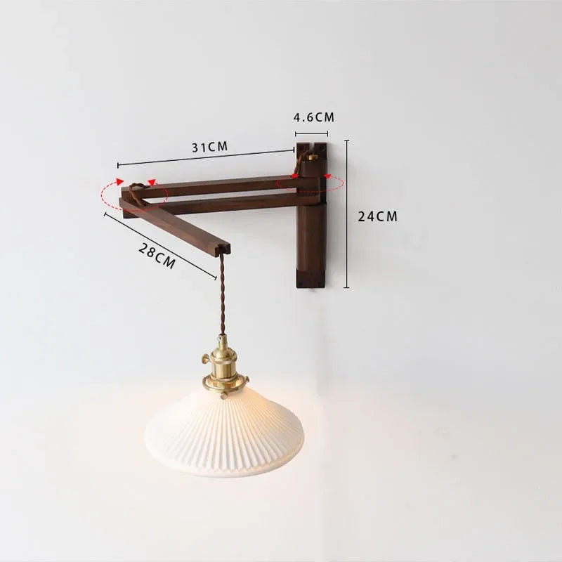 Swing Arm Wooden Wall Light with Pleated Ceramic Shade and Brass Holder