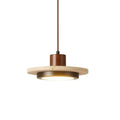 Travertine Disc LED Pendant Light with Walnut Wood Cap for Bedside or Dining