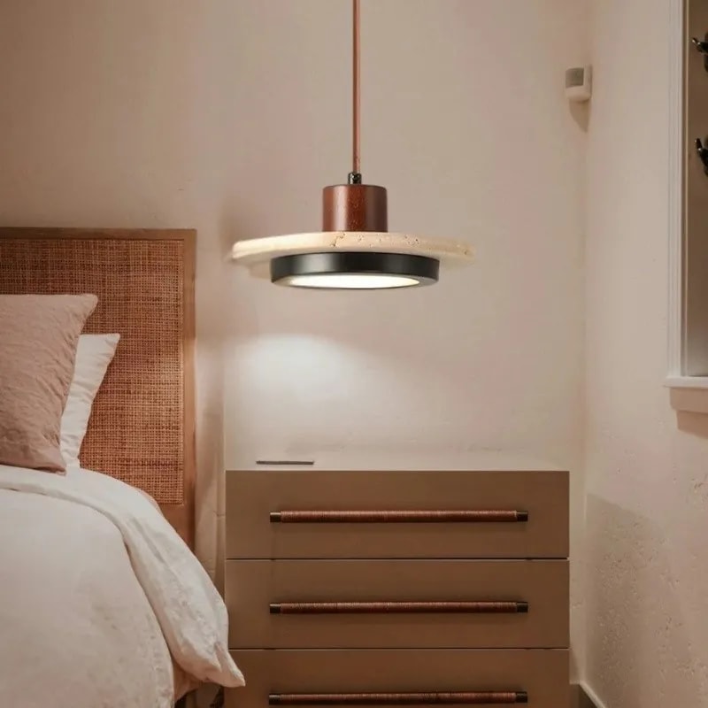Travertine Disc LED Pendant Light with Walnut Wood Cap for Bedside or Dining