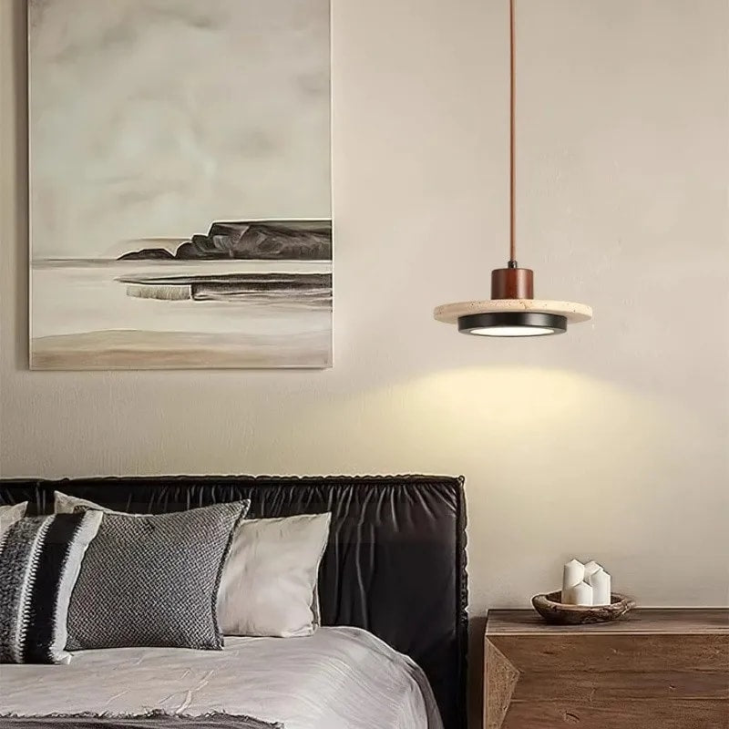 Travertine Disc LED Pendant Light with Walnut Wood Cap for Bedside or Dining