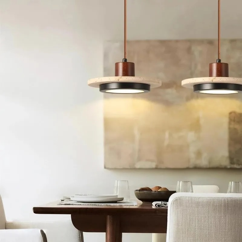 Travertine Disc LED Pendant Light with Walnut Wood Cap for Bedside or Dining
