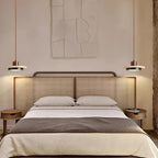 Travertine Disc LED Pendant Light with Walnut Wood Cap for Bedside or Dining
