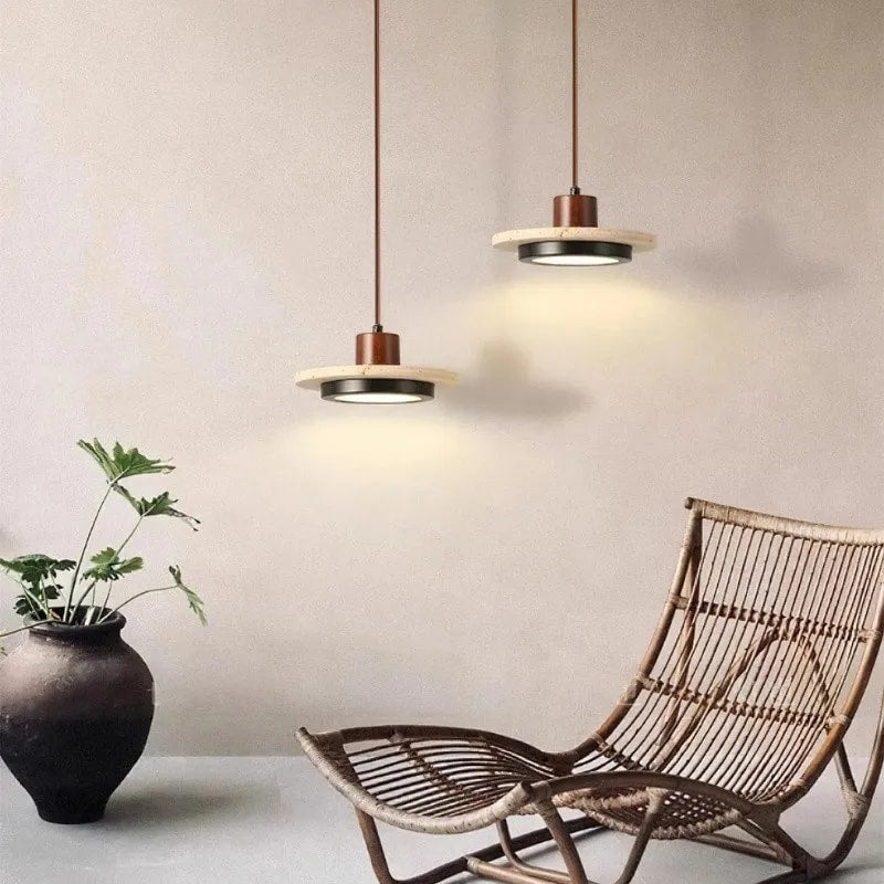 Travertine Disc LED Pendant Light with Walnut Wood Cap for Bedside or Dining