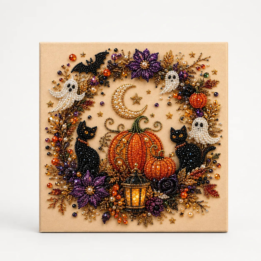 Halloween Bead Art Kit Pearl Bead Canvas Craft Kit with Numbered Self Adhesive Canvas Pumpkin | Ghost and Witch Designs DIY Wall Art