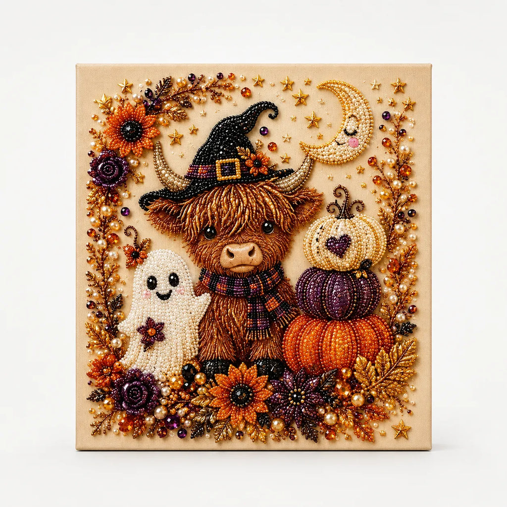 Halloween Bead Art Kit Pearl Bead Canvas Craft Kit with Numbered Self Adhesive Canvas Pumpkin | Ghost and Witch Designs DIY Wall Art