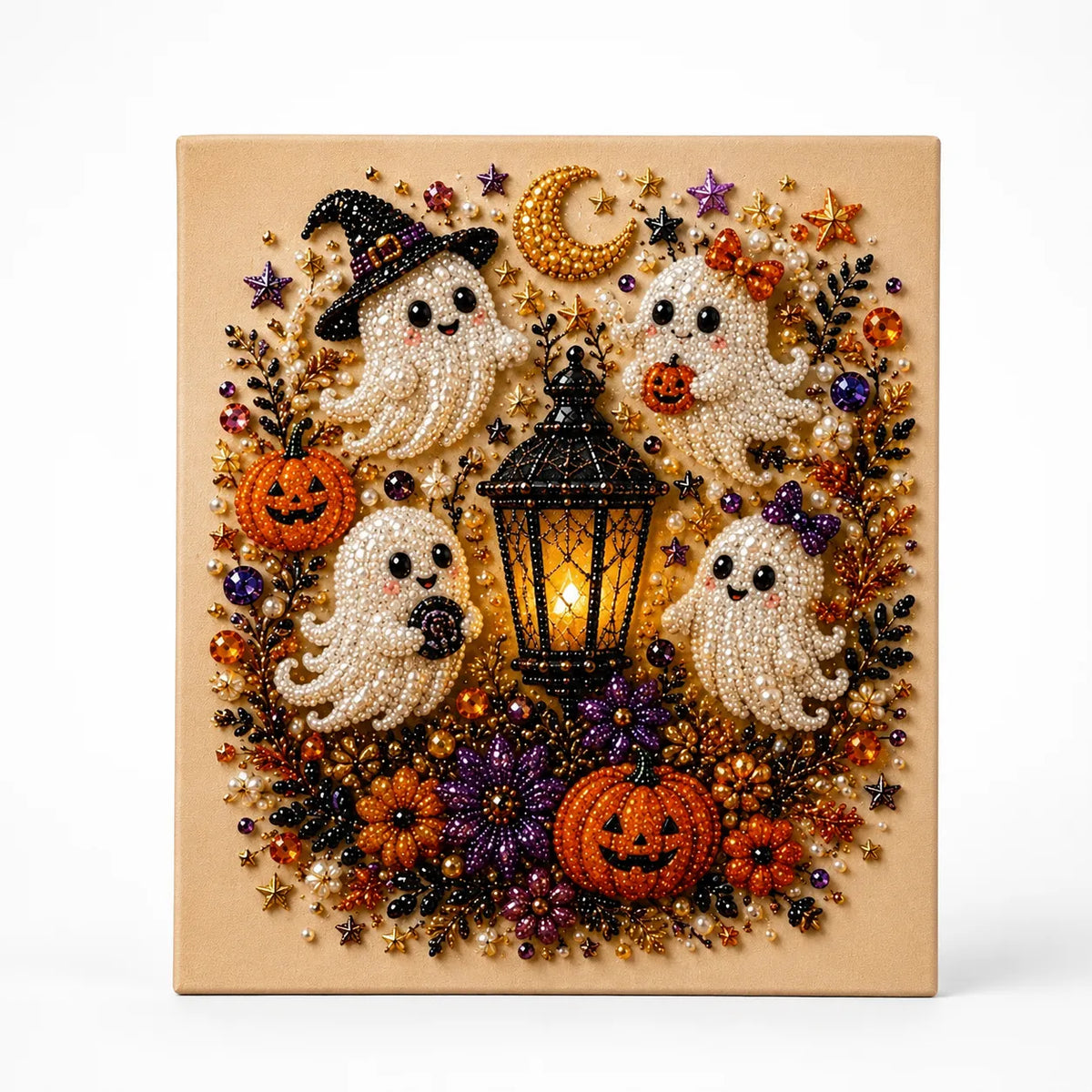 Halloween Bead Art Kit Pearl Bead Canvas Craft Kit with Numbered Self Adhesive Canvas Pumpkin | Ghost and Witch Designs DIY Wall Art