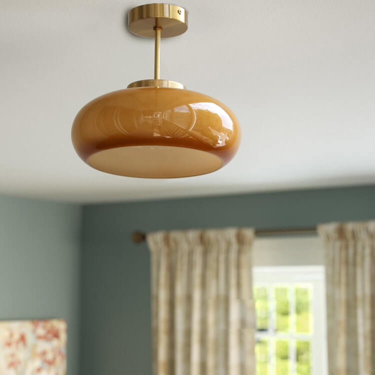 Vintage Glass Semi Flush Mount Ceiling Light with Brass Stem for Bedroom