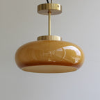 Vintage Glass Semi Flush Mount Ceiling Light with Brass Stem for Bedroom