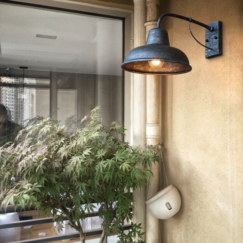 Vintage Iron Barn Outdoor Wall Light with Gooseneck Arm and Dome Shade