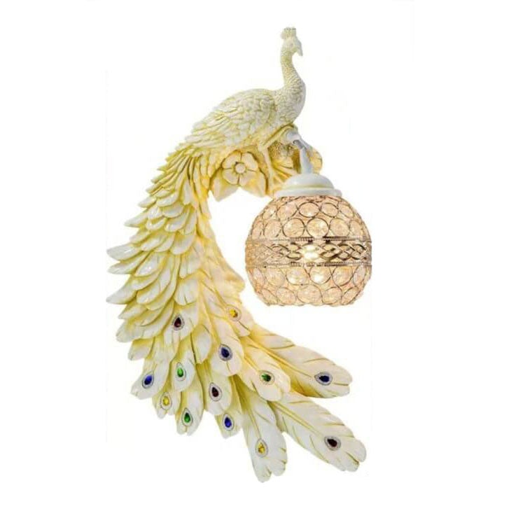 Vintage Resin Peacock Wall Light with Crystal Ball Shade for Living Room