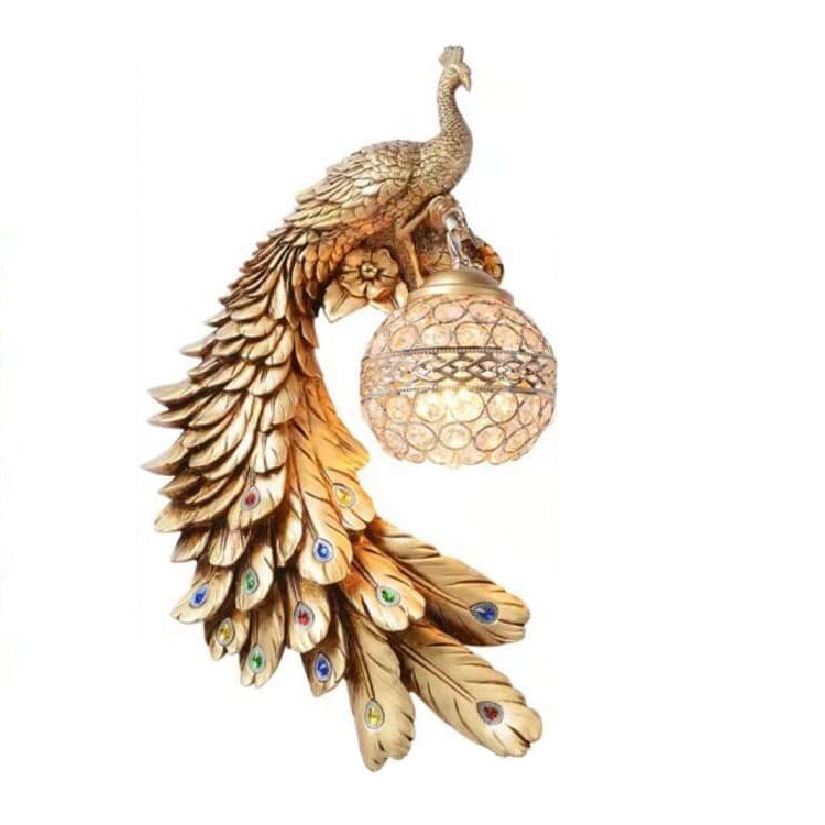 Vintage Resin Peacock Wall Light with Crystal Ball Shade for Living Room