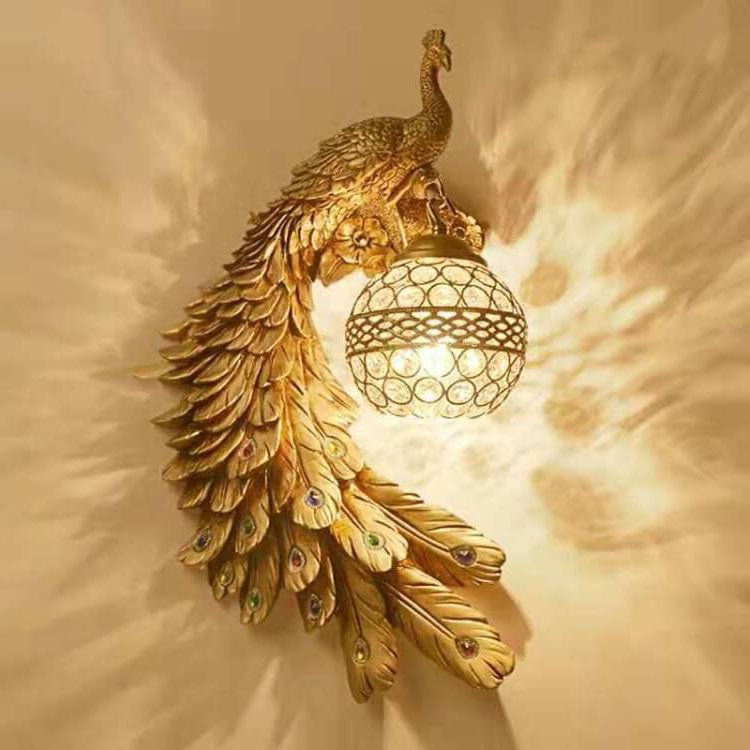 Vintage Resin Peacock Wall Light with Crystal Ball Shade for Living Room