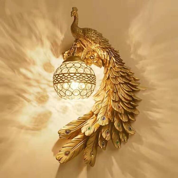 Vintage Resin Peacock Wall Light with Crystal Ball Shade for Living Room