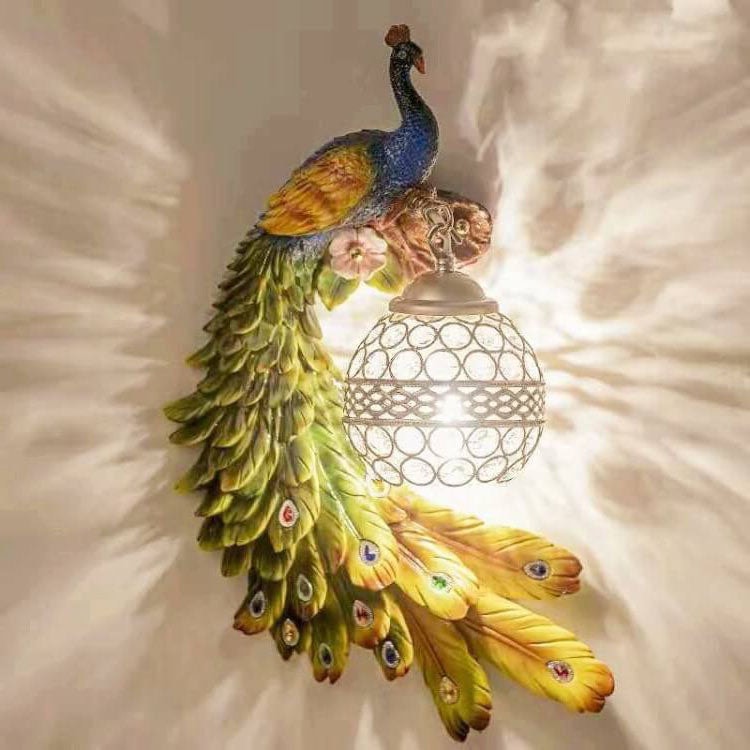 Vintage Resin Peacock Wall Light with Crystal Ball Shade for Living Room