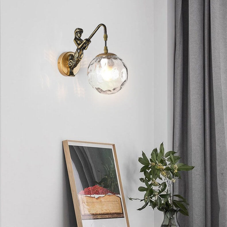 Vintage Rustic Mermaid Wall Light with Glass Globe Shade for Bedroom