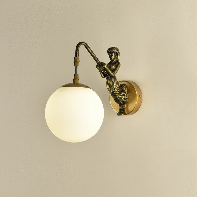 Vintage Rustic Mermaid Wall Light with Glass Globe Shade for Bedroom