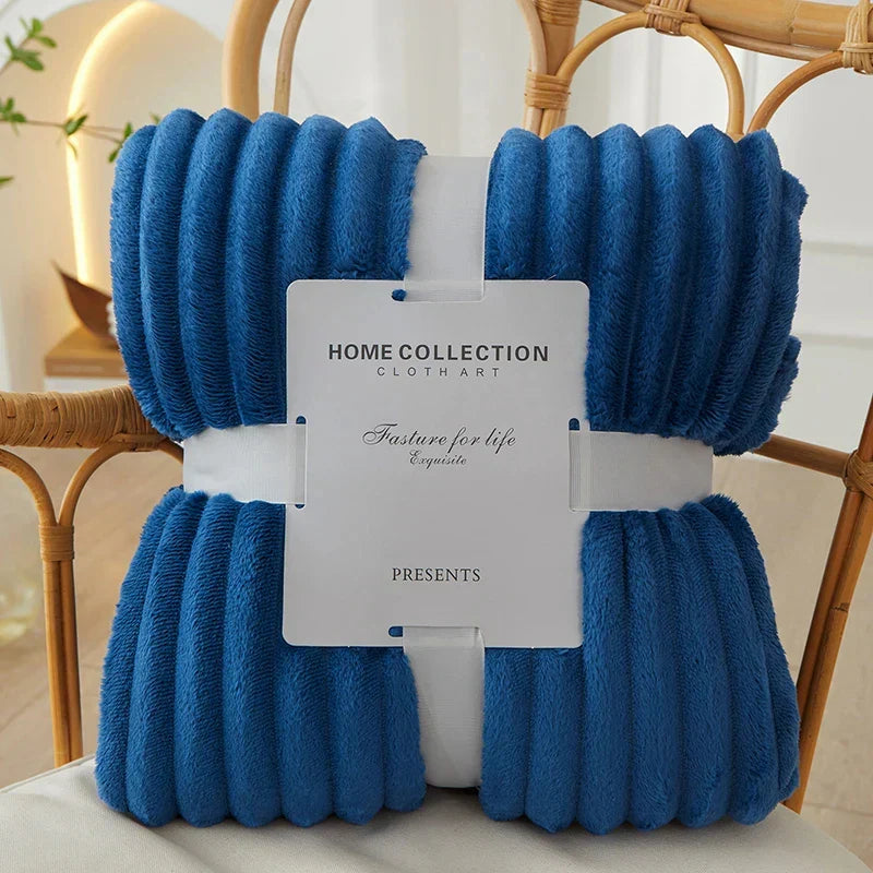 Ribbed Flannel Fleece Blanket Soft Plush Striped Throw Warm Cosy Sofa Blanket and Bedspread for Bedroom and Living Room