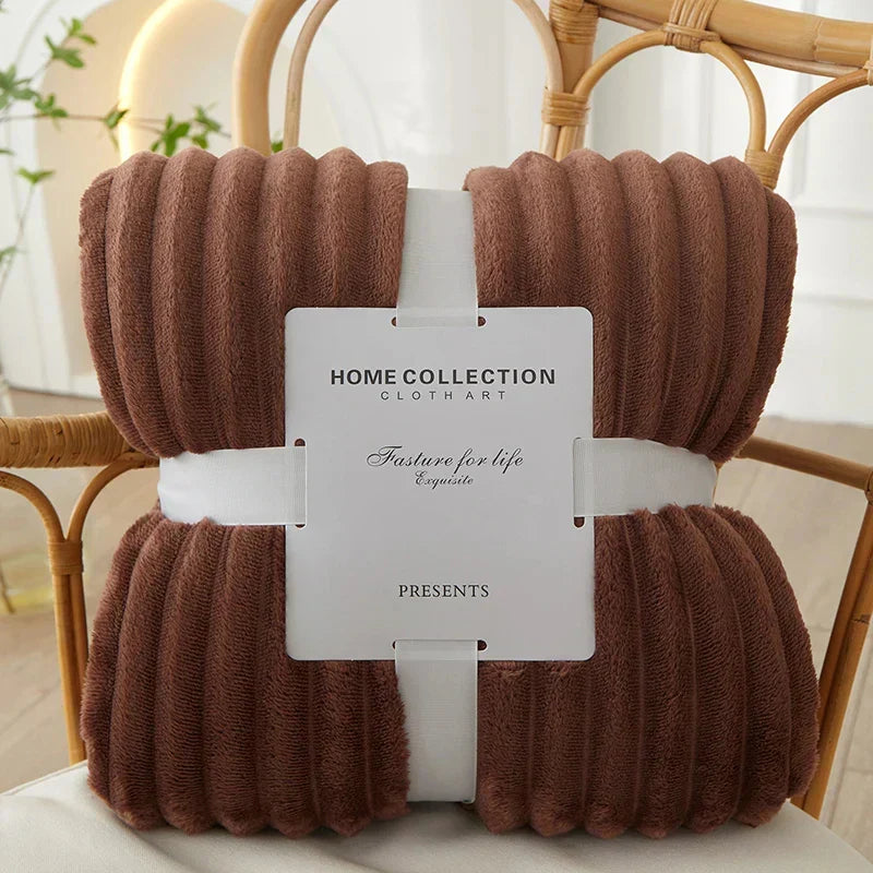 Ribbed Flannel Fleece Blanket Soft Plush Striped Throw Warm Cosy Sofa Blanket and Bedspread for Bedroom and Living Room