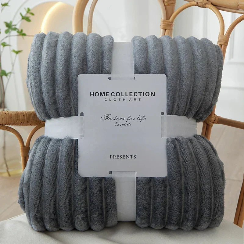 Ribbed Flannel Fleece Blanket Soft Plush Striped Throw Warm Cosy Sofa Blanket and Bedspread for Bedroom and Living Room