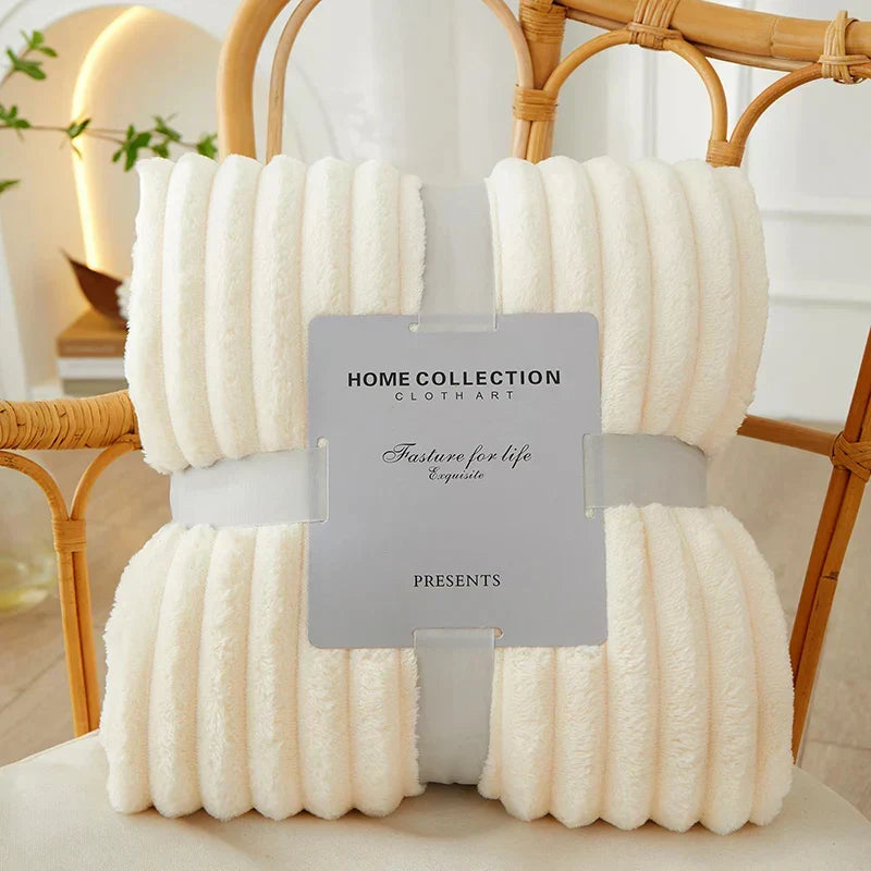 Ribbed Flannel Fleece Blanket Soft Plush Striped Throw Warm Cosy Sofa Blanket and Bedspread for Bedroom and Living Room