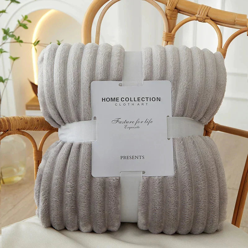 Ribbed Flannel Fleece Blanket Soft Plush Striped Throw Warm Cosy Sofa Blanket and Bedspread for Bedroom and Living Room