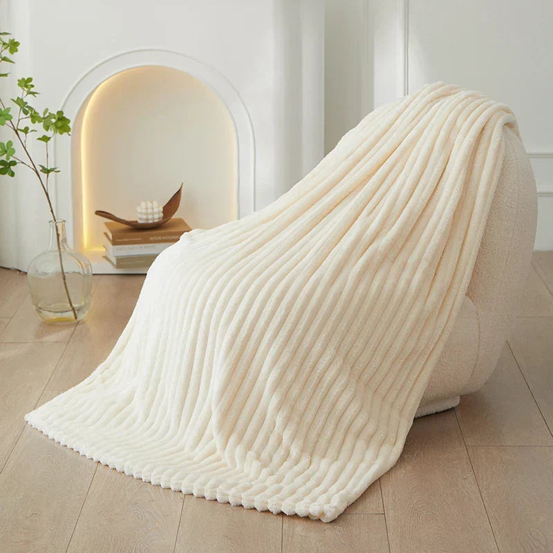 Ribbed Flannel Fleece Blanket Soft Plush Striped Throw Warm Cosy Sofa Blanket and Bedspread for Bedroom and Living Room