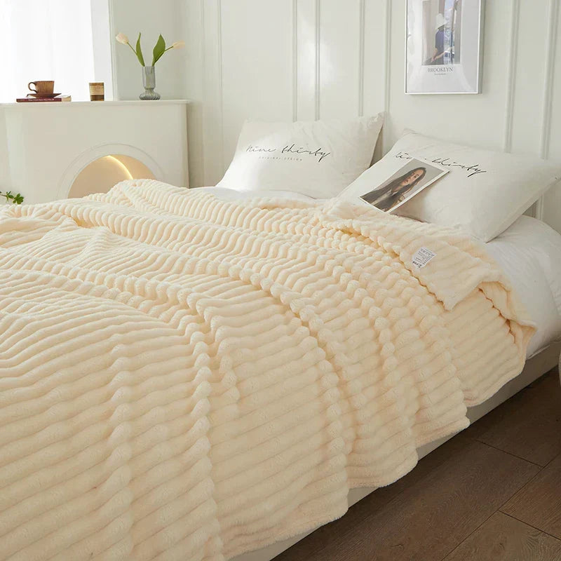Ribbed Flannel Fleece Blanket Soft Plush Striped Throw Warm Cosy Sofa Blanket and Bedspread for Bedroom and Living Room