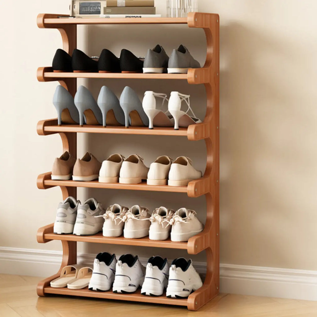 Wooden Shoe Rack with Curved Side Panels Open Freestanding Shoe Shelf Modern Bamboo Shoe Storage Organiser for Hallway | Entryway and Wardrobe
