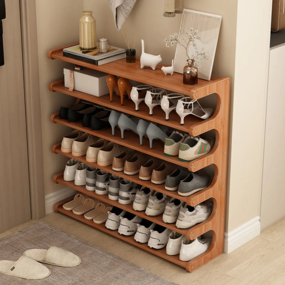 Wooden Shoe Rack with Curved Side Panels Open Freestanding Shoe Shelf Modern Bamboo Shoe Storage Organiser for Hallway | Entryway and Wardrobe